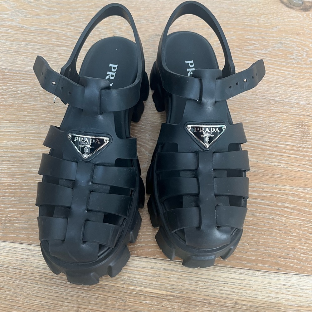 Prada Black Rubber Caged Platform Sandals - Picture 1 of 6
